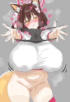 1girl alternate_breast_size_(larger) animal_ear_fluff animal_ears black_panties blue_archive blush bottomless breasts brown_hair embarrassed fox_ears fox_hair_ornament grey_background gym_shirt halo heart holding holding_panties holding_underwear huge_breasts izuna_(blue_archive) lips navel one_side_up panties pussy pussy_juice pussy_juice_stain shirt short_hair slit_pupils smile solo standing steaming_body sweat t-shirt trembling txlyre underwear wavy_mouth white_shirt yellow_eyes