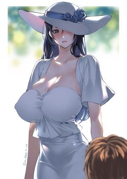 1girl 1other artist_name black_eyes black_hair blue_flower blue_rose blush breasts brown_hair cleavage commentary_request covered_erect_nipples dress flower hasshaku-sama hat hat_flower hat_over_one_eye height_difference highres huge_breasts japanese_urban_legends long_hair mature_female no_bra rose short_sleeves solo_focus sun_hat takayama_dan variant_set white_dress white_hat