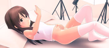 1girl 3d artist_request bottomless brown_eyes brown_hair female_focus fenderu flat_chest highres indoors knee_up loli long_hair long_image lying matching_hair/eyes no_panties on_back pillow pussy_juice pussy_juice_trail solo thighhighs tripod underwear underwear_only white_thighhighs wide_image