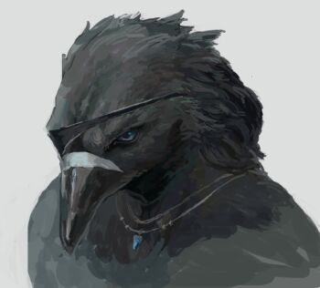 1other bird black_feathers blue_eyes commentary_request crow eyepatch feathers furry grey_background jewelry nagabe necklace original portrait simple_background solo