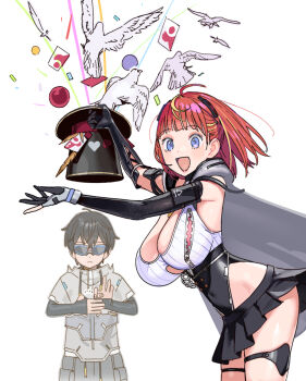 1boy 1girl adjutant_(snowbreak) arched_bangs bird black_hair black_skirt blue_eyes breasts cleavage_cutout clothing_cutout colored_eyelashes conto covered_navel detachable_thumb detached_sleeves double-parted_bangs from_hat_trick gloves hat highleg highleg_leotard hip_vent holding holding_unworn_clothes holding_unworn_hat large_breasts leotard magic_trick miniskirt multicolored_hair partially_fingerless_gloves pleated_skirt red_hair skirt snowbreak:_containment_zone streaked_hair sunglasses tess_kotkin top_hat unworn_hat unworn_headwear white_background zipper_pull_tab