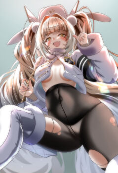 Rule 34 | 1girl, absurdres, black pantyhose, blanc (fortune express) (nikke), blanc (nikke), boots, breasts, fur trim, goddess of victory: nikke, hat, highres, jacket, kappaako, long hair, looking at viewer, official alternate costume, pantyhose, smile, solo, twintails, underwear, very long hair, white boots, white hair, yellow eyes