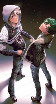 166_172 2boys alternate_costume bakugou_katsuki blonde_hair boku_no_hero_academia commentary_request denim earrings french_kiss full_body fur-trimmed_jacket fur_trim green_eyes green_hair hands_in_pockets headphones headphones_around_neck highres hood hood_up hooded_jacket jacket jeans jewelry kiss looking_at_viewer male_focus midoriya_izuku multiple_boys pants red_eyes shoes short_hair spiked_hair spotlight standing torn_clothes torn_jeans torn_pants