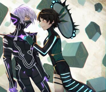 1boy 1girl absurdres artist_name black_bodysuit bodysuit brown_hair celexcity debris from_side gloves green_bodysuit green_gloves hair_ornament hand_on_another&#039;s_chest highres hiromine_yoko light_smile mask mouth_mask official_alternate_costume open_mouth protagonist_(smtv) purple_bodysuit purple_gloves purple_hair red_eyes shin_megami_tensei shin_megami_tensei_v shin_megami_tensei_v:_vengeance short_hair tiara yellow_eyes
