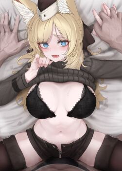 1boy 1girl absurdres animal_ear_fluff animal_ears arknights black_bra black_shorts blonde_hair blue_eyes blush bra breasts clothes_lift front-hook_bra hetero highres horse_ears horse_girl large_breasts long_sleeves medium_breasts mildt navel pov shorts solo_focus stomach sweat sweater sweater_lift thighhighs underwear unzipped whislash_(arknights) zipper