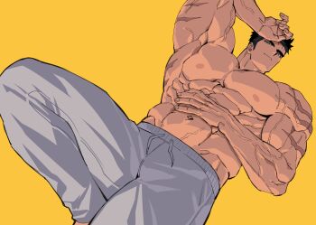 Rule 34 | 1boy, abs, bara, black hair, blue eyes, bodybuilder, domo (domo kizusuki), drawstring, hand on own forehead, hand on own stomach, knee up, kokado shido (domo), large pectorals, lying, male focus, manly, muscular, muscular arms, muscular male, navel, nipples, on back, original, pants, pectoral cleavage, pectorals, scar, scar on arm, short hair, shredded muscles, sideburns, simple background, smile, tareme, topless male, v-taper, veins, veiny arms, veiny crotch, white pants, yellow background