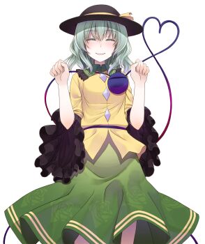 Rule 34 | 1girl, ^ ^, black hat, buttons, closed eyes, closed mouth, commentary request, cowboy shot, crote, diamond button, facing viewer, floral print, floral print skirt, frilled shirt collar, frilled sleeves, frills, green hair, green skirt, hands up, hat, hat ribbon, heart, heart-shaped pupils, heart of string, highres, komeiji koishi, large variant set, long sleeves, print skirt, ribbon, shirt, short hair, skirt, smile, solo, standing, symbol-shaped pupils, tachi-e, third eye, touhou, transparent background, variant set, yellow ribbon, yellow shirt