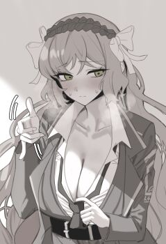 1girl absurdres belt breasts closed_mouth collared_shirt commentary english_commentary green_eyes greyscale hand_up handjob_gesture highres ishmael_(project_moon) jacket lapels large_breasts limbus_company long_hair looking_to_the_side monochrome notched_lapels open_clothes open_shirt pants project_moon roan_green shirt solo spot_color upper_body very_long_hair wavy_hair