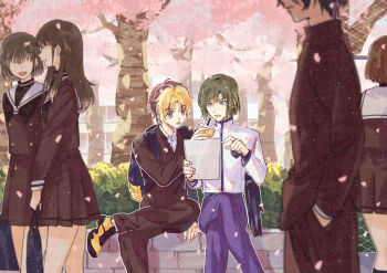 3boys 3girls backpack bag black_bag blonde_hair blue_bag blue_eyes blue_pants blunt_bangs blunt_ends brown_eyes brown_hair brown_jacket brown_pants brown_skirt brown_sleeves bush buttons cherry_blossoms chinese_commentary collared_shirt commentary_request crossed_legs cup disposable_cup drink drinking_straw faceless faceless_female falling_petals feet_out_of_frame fingernails flower green_hair high_collar hikaru_no_go holding holding_drink holding_paper hun_(endlesslovehikaru) jacket long_hair long_sleeves lower_teeth_only male_focus miniskirt multicolored_hair multiple_boys multiple_girls open_mouth pants paper parted_bangs petals pleated_skirt reading sailor_collar school_bag school_uniform sharing shindou_hikaru shirt shoes short_hair sitting skirt sneakers socks teeth touya_akira tree two-tone_hair white_sailor_collar white_shirt white_socks yellow_flower