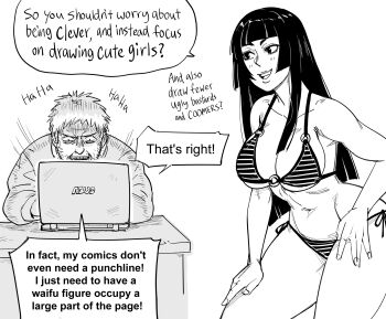 1boy 1girl artist_self-insert asus bb_(baalbuddy) bikini black_hair breasts cleavage computer desk english_text facial_hair greyscale hand_on_own_hip hand_on_own_leg highres hime_cut hime_cut_wife_(baalbuddy) laptop large_breasts long_hair monochrome navel o-ring o-ring_top original side-tie_bikini_bottom simple_background sitting smile speech_bubble striped_bikini striped_clothes stubble swimsuit thick_thighs thighs underboob white_background