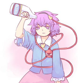 1girl :| bleach_(chemical) buttons closed_mouth commentary english_commentary frilled_shirt_collar frilled_sleeves frills hair_ornament hairband heart heart_button heart_hair_ornament highres komeiji_satori medium_hair pink_skirt purple_eyes purple_hair skirt solo third_eye touhou upper_body white_background yoruny