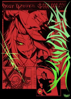 Rule 34 | 1girl, absurdres, commentary, elly (vtuber), english commentary, fingerless gloves, fox mask, gloves, green eyes, gun, hair over one eye, heart, highres, holster, indie virtual youtuber, long hair, looking at viewer, mask, mask on head, multiple views, one eye covered, open mouth, piercing, poster (object), red theme, smile, spot color, st41nn, thigh holster, tongue, tongue out, tongue piercing, tsurime, virtual youtuber, wanted poster, weapon