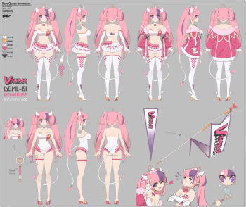 1girl ahoge breasts cleavage closed_eyes closed_mouth commentary crossed_arms demon_girl demon_horns demon_tail english_commentary epebe frilled_skirt frills fur-trimmed_jacket fur_trim heart heart_ahoge high_heels highres horns ironmouse ironmouse_(race_queen) jacket large_breasts leotard long_hair looking_at_viewer navel official_alternate_costume official_alternate_hairstyle official_art one_eye_closed open_mouth pink_jacket purple_streaks shoes skirt solo strapless tail thighhighs tube_top twintails very_long_hair virtual_youtuber vshojo white_leotard white_shoes white_skirt white_thighhighs white_tube_top