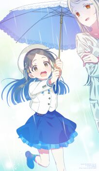 Rule 34 | 2girls, absurdres, beret, black overskirt, black socks, blonde hair, blue skirt, blunt ends, blush, brown eyes, brown hair, brown shoes, collarbone, commentary request, feet out of frame, gakuen idolmaster, hair ornament, hat, hatsuboshi gakuen school uniform, highres, holding, holding umbrella, idolmaster, jacket, kuramoto china, laurels, leaf hair ornament, long hair, long sleeves, looking at another, looking back, miniskirt, multiple girls, omitsu, open mouth, orange eyes, outdoors, overskirt, pleated skirt, rain, running, school uniform, shaded face, shinosawa hiro, shoes, skirt, socks, twitter username, umbrella, watermark, wet, wet clothes, wet hair, white hat, white jacket, white umbrella