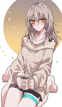 1girl alternate_costume bare_shoulders barefoot black_skirt blush border breasts closed_mouth coffee collarbone commentary_request cup eyelashes fingernails full_body gradient_background grey_background grey_hair hair_between_eyes highres holding holding_cup honkai:_star_rail honkai_(series) kinona long_hair long_sleeves looking_at_viewer medium_breasts miniskirt off-shoulder_sweater off_shoulder orange_eyes outside_border puffy_long_sleeves puffy_sleeves sidelocks sitting skirt solo star_(symbol) star_symbol_background steam stelle_(honkai:_star_rail) sweater thigh_strap toenails trailblazer_(honkai:_star_rail) two-tone_background wariza white_border white_sweater yellow_background