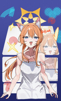1girl absurdres animal_ear_fluff animal_ears bare_shoulders blue_archive blue_eyes cat_ears collarbone hair_between_eyes halo highres liu_li_(258062940) long_hair looking_at_viewer mari_(blue_archive) open_mouth orange_hair simple_background skirt white_skirt