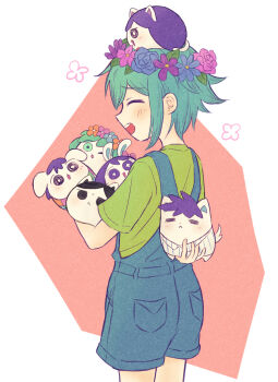 Rule 34 | 1boy, animalization, aubrey (headspace) (omori), aubrey (omori), basil (headspace) (omori), basil (omori), blue overalls, blush, closed eyes, colored skin, commentary request, flower, flower wreath, green hair, green shirt, head wreath, hero (headspace) (omori), hero (omori), highres, kel (headspace) (omori), kel (omori), mari (headspace) (omori), mari (omori), omori, omori (omori), open mouth, overall shorts, overalls, person and animalization, segue5o, shirt, short hair, short sleeves, sidelocks, smile, solo, t-shirt, white skin