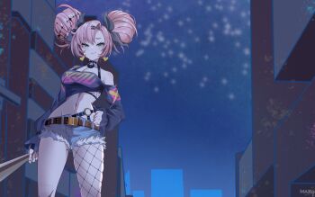 1girl absurdres bare_shoulders baseball_bat black_ribbon black_shirt breasts closed_mouth commentary commentary_request cowboy_shot cropped_shirt double_bun earrings english_commentary fang fishnet_thighhighs fishnets green_eyes hair_bun hair_ribbon hand_on_own_hip heart heart_earrings highres holding holding_baseball_bat jewelry kurimako large_breasts long_hair long_sleeves looking_at_viewer mixed-language_commentary mole mole_on_breast mole_on_thigh mole_under_eye navel nicole_demara night outdoors parted_bangs pink_hair ribbon shirt short_shorts shorts single_thighhigh skin_fang smile solo stomach thighhighs zenless_zone_zero