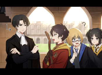 1girl 3boys ? ascot black_border black_hair black_robe blonde_hair blue_eyes border broom brown_gloves brown_hair castle collared_shirt cross cross_earrings crossed_arms earrings furrowed_brow glasses gloves green_eyes grey_eyes grey_sweater_vest gryffindor harry_potter_(series) highres holding holding_broom hood hood_down hufflepuff jewelry letterboxed medium_hair multiple_boys necktie nervous_smile nervous_sweating official_alternate_hairstyle parted_bangs quidditch ravenclaw red_robe robe school_uniform shirt short_hair short_twintails smile striped_necktie studded_choker sweat sweater_vest toubun_teikou twintails upper_body white_ascot white_shirt wizarding_world