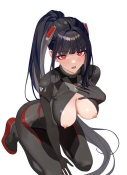 1girl between_legs black_bodysuit black_hair blue_archive blush bodysuit breasts bright_pupils hand_between_legs hand_on_own_chest hashtag-only_commentary highres hongcasso impossible_bodysuit impossible_clothes kneeling large_breasts latex latex_bodysuit long_hair looking_at_viewer nipples no_halo official_alternate_costume official_alternate_hairstyle open_bodysuit open_clothes open_mouth ponytail red_eyes ringed_eyes rio_(armed)_(blue_archive) rio_(blue_archive) simple_background solo very_long_hair white_background white_pupils