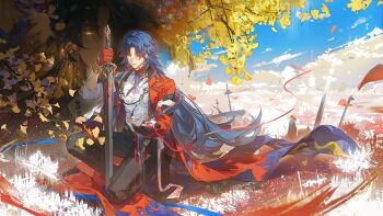 1boy ahoge beads blade_(honkai:_star_rail) blue_hair coattails commentary curtained_hair earrings gloves hair_over_one_eye hand_on_hilt highres holding holding_sword holding_weapon honkai:_star_rail honkai_(series) jacket jewelry kneeling leaf long_hair male_focus ming_zhentan_allk mortenax_blade_(honkai:_star_rail) necklace pants red_jacket shoes single_glove sword tailcoat tassel tree untranslatable_commentary very_long_hair weapon