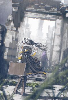 2girls back boots closed_eyes commentary english_commentary fern_(sousou_no_frieren) frieren highres holding long_hair multiple_girls purple_hair shiej007 skirt sousou_no_frieren twintails white_hair