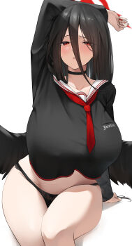 1girl absurdres almondman arm_up black_choker black_hair black_panties black_serafuku black_wings blue_archive blush breasts choker collarbone hair_between_eyes halo hasumi_(blue_archive) highres huge_breasts long_hair looking_at_viewer neckerchief panties red_eyes red_neckerchief sailor_collar school_uniform serafuku simple_background sitting solo thighs underwear white_background white_sailor_collar wings