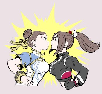 2girls akiman_pose black_gloves bracelet breast_press breasts capcom chun-li cropped_jacket crossover double_bun earrings eye_contact eyeshadow fatal_fury fatal_fury:_city_of_the_wolves gloves hair_bun hair_ribbon highres jewelry kangyaku large_breasts looking_at_another makeup motoyui multiple_girls pearl_earrings ponytail ribbon rivalry shiranui_mai smile street_fighter street_fighter_6 symmetrical_docking upper_body yellow_ribbon