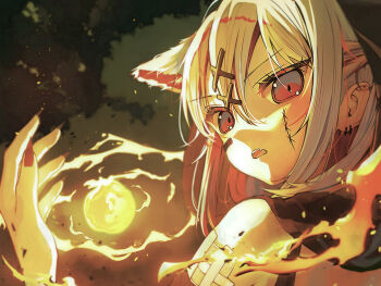 1girl animal_ears cat_ears colored_inner_hair commentary earrings fang fingernails fire glowing grey_hair hair_between_eyes hair_ornament highres jewelry kemonomimi_mode korean_commentary looking_at_viewer looking_back magic mahou_shoujo_no_majo_saiban multicolored_hair open_mouth pyrokinesis red_eyes red_nails sharp_fingernails shito_alisa short_hair sidelighting solo stitched_face stitches tentan_(10tan_a) upper_body x_hair_ornament