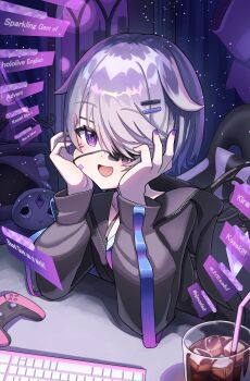 1girl absurdres black_jacket chest_jewel commentary_request computer_keyboard controller copyright_name cup drink drinking_glass eyepatch game_controller gem grey_hair hair_over_one_eye hands_on_own_cheeks hands_on_own_face highres hololive hololive_english ice ice_cube jacket jewel_under_eye koseki_bijou koseki_bijou_(casual) looking_at_viewer official_alternate_costume official_alternate_hairstyle open_mouth pebble_(koseki_bijou) purple_eyes purple_gemstone purple_nails short_hair solo uminonin46978 virtual_youtuber