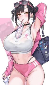 1girl armpits bag bag_charm black_choker black_hair black_panties blush bottle breasts brown_eyes buruma character_name charm_(object) choker commentary cowboy_shot drinking drinking_straw duffel_bag eyewear_on_head gluteal_fold goddess_of_victory:_nikke hair_rings hairband heart heart_in_eye highleg highleg_panties highres holding holding_bottle jacket large_breasts long_sleeves looking_at_viewer molar_breaker mole mole_on_thigh navel object_on_breast off_shoulder official_alternate_costume panties panties_under_buruma panty_straps pink_buruma pink_hairband pink_jacket plastic_bottle short_hair skindentation solo sora_(nikke) sora_(spring_flight)_(nikke) sports_bra standing string_panties sunglasses sweat symbol_in_eye track_jacket underwear untranslatable_commentary water_bottle white_sports_bra