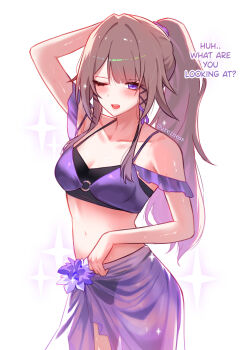 absurdres arm_up bare_shoulders blonde_hair bra dress herta_(honkai:_star_rail) highres honkai:_star_rail honkai_(series) honkai_impact_3rd midriff one_eye_closed purple_bra purple_dress reiness_(ureiness) standing swimsuit the_herta_(honkai:_star_rail) underwear