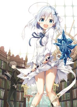 1boy 1girl absurdres ahoge allen_(koujo_denka_no_katei_kyoushi) black_pants black_sweater blue_eyes blue_hair blue_ribbon blush book bookshelf bow breasts brown_hair chair cleaned closed_mouth collared_shirt cover cover_page cura dot_nose dress grey_shirt hair_bow hair_ornament highres holding holding_book holding_staff indoors koujo_denka_no_katei_kyoushi legs loli long_sleeves looking_at_viewer looking_to_the_side magic_staff miniskirt novel_cover novel_illustration official_art open_mouth pants petite pleated_dress pleated_skirt red_eyes ribbon shirt shirt_under_sweater short_hair skirt small_breasts smile socks staff staff_(weapon) standing striped_clothes striped_pants striped_ribbon sweater thighs tina_howard upskirt white_bow white_dress white_skirt white_socks