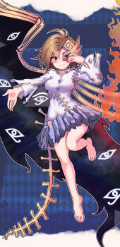 1girl ahoge barefoot blue_background blush bone breasts brown_hair buttons carbohydrate_(asta4282) commentary_request diamond_button eye_mask eye_print fiery_wings full_body grey_skirt hand_on_mask hand_up highres iwanaga_ariya knees leotard long_sleeves mask medium_breasts outstretched_arm red_eyes rock short_hair signature skeletal_tail skeletal_wings skin_tight skirt smile solo tail toenails toes touhou white_leotard wings