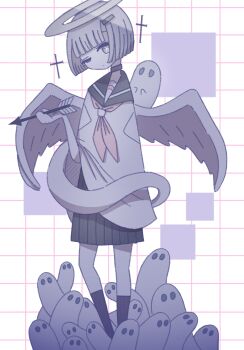 1girl :o angel arrow_(projectile) black_skirt black_socks blunt_bangs blunt_ends bob_cut choker closed_mouth commentary cross dot_mouth eyelashes feathered_wings full_body ghost grey_hair grid_background head_tilt highres holding holding_arrow kneehighs looking_at_viewer neckerchief no_nose omochi_noa one_eye_closed original pleated_skirt red_choker red_neckerchief school_uniform serafuku short_hair skirt socks solid_oval_eyes solo square standing symbol-only_commentary wings