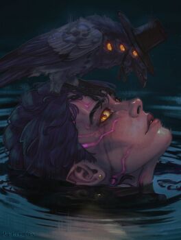 1girl bird black_hat body_markings crow demon_girl extra_eyes hat highres kpop_demon_hunters pointy_ears purple_hair rc0ll1ns rumi_(kpop_demon_hunters) slit_pupils sussie_(kpop_demon_hunters) water yellow_eyes
