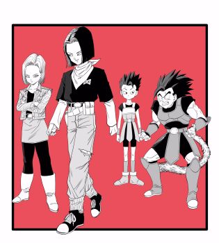 1girl 3boys android_17 android_18 bandana bandana_around_neck belt_pouch boots brother_and_sister cabba clenched_teeth commentary_request crossed_arms dragon_ball dragon_ball_legends dragon_ball_super dragonball_z forehead greyscale_with_colored_background highres lee_(dragon_garou) miniskirt monkey_tail multiple_boys muscular muscular_male official_style pants pantyhose pouch shallot_(dragon_ball) shoes siblings skirt sneakers sweatdrop tail teeth toriyama_akira_(style) torn_clothes torn_pants twins vest