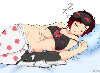 1girl bare_shoulders bed black_shirt breasts closed_eyes collarbone dated dog drooling groin highres large_breasts lying medium_breasts mehlewds midriff navel on_side open_mouth pajamas pillow red_hair ruby_rose rwby shirt short_hair signature simple_background sleep_mask sleeping stomach tank_top underboob white_background wide_hips zwei_(rwby)