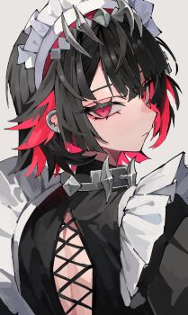 1girl absurdres back black_hair closed_mouth commentary_request ellen_joe from_behind grey_background highres looking_at_viewer looking_back maid maid_headdress multicolored_hair red_eyes red_hair short_hair simple_background solo two-tone_hair upper_body walk43049101art zenless_zone_zero