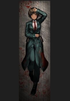 Rule 34 | 1girl, arm up, black boots, blood, blood on clothes, boots, coat, collared shirt, dakimakura (medium), dolsig ilangnolja, e.g.o (project moon), full body, green coat, green pants, lapels, limbus company, looking at viewer, lying, military uniform, necktie, notched lapels, on back, outis (project moon), pants, project moon, red necktie, shirt, solo, striped clothes, striped shirt, to pathos mathos (e.g.o)