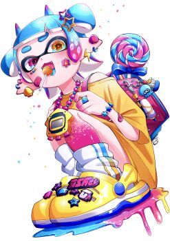 1girl 6roku_6roku :3 absurdres backpack bag bag_charm bandaid bandaid_on_arm bandaid_on_cheek bandaid_on_face bandaid_on_hand bead_necklace beads blue_eyes blue_hair blue_tongue bracelet candy charm_(object) colored_extremities colored_tongue commentary crocs double_bun earrings flower_sticker food food_in_mouth full_body gradient_eyes gradient_hair hair_bun hair_horns hair_ornament halftone heterochromia highres inkling inkling_girl inkling_player_character jewelry lightning_bolt_earrings lightning_bolt_symbol lollipop mouth_hold multicolored_eyes multicolored_hair multiple_earrings necklace nintendo off_shoulder open_mouth orange_eyes pink_bag pink_eyes pink_hair pointy_ears randoseru shirt shoes short_eyebrows short_hair sidelocks simple_background smallfry_(splatoon) socks solo splatoon_(series) splattershot_(splatoon) squatting star_(symbol) star_hair_ornament sticker sticker_on_face swirl_lollipop symbol-only_commentary tentacle_hair thick_eyebrows two-tone_eyes two-tone_hair white_background white_socks yellow_shirt yellow_shoes