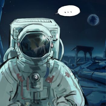 1boy 1girl arch architecture astronaut bishoujo_senshi_sailor_moon blonde_hair double_bun dress earth_(planet) fishbowl_helmet greco-roman_architecture hair_bun helmet highres long_hair mercuri0ff on_moon planet princess_serenity reflection ruins sky space space_helmet spacesuit star_(sky) starry_sky tsukino_usagi twintails white_dress