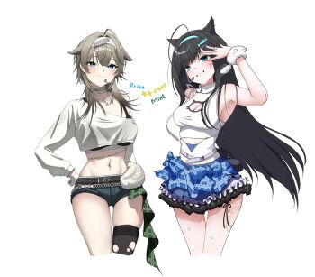 2girls absurdres ahoge animal_ears arm_up armpits belt black_bra black_hair blue_eyes blue_headband blunt_bangs blush bra breasts brown_belt cat_necklace character_name choker cleavage_cutout closed_mouth clothing_cutout commentary cropped_legs cropped_shirt double-parted_bangs fish_hair_ornament fishnet_pantyhose fishnets goddess_of_victory:_nikke grey_choker grey_hair grin hair_ornament hairband hand_on_own_hip head_tilt headband headset highres jewelry konpeki_no_sora_(artist) large_breasts long_hair looking_at_viewer midriff mint_(nikke) mole mole_on_breast mole_under_eye multicolored_skirt multiple_girls multiple_moles navel necklace pantyhose prika_(nikke) ring shirt short_shorts shorts simple_background single_bare_shoulder single_off_shoulder single_thighhigh skirt smile standing star_(symbol) star_necklace thighhighs torn_clothes torn_thighhighs underwear white_background white_hairband white_shirt