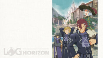 Rule 34 | 10s, 3boys, androgynous, black hair, blue hair, brown hair, characin, grey hair, hara kazuhiro, hat, highres, hood, isaac (log horizon), iselus el-arde cowen, log horizon, long hair, male focus, multicolored hair, multiple boys, official art, official wallpaper, red hair, rezarick (log horizon), short hair, sitting on shoulder, two-tone hair