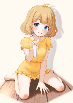 1girl ahoge bare_legs barefoot blue_eyes blush brown_hair ca_paria commentary_request dress frilled_sleeves frills highres holding holding_panties holding_underwear holding_unworn_clothes idolmaster idolmaster_million_live! indoors panties short_hair short_sleeves sitting smile solo suou_momoko underwear unworn_panties wariza yellow_dress