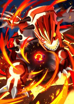 ezgk385 fire gen_3_pokemon glowing glowing_eyes groudon highres legendary_pokemon nintendo no_humans pokemon pokemon_(creature) primal_groudon sharp_teeth solo teeth yellow_eyes