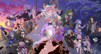 1other 4boys 6+girls absurdres ahoge anger_vein animal_ears aponia bare_shoulders beret black_coat black_gloves black_hair black_jacket black_leotard blue_eyes blue_hair box brown_gloves brown_hair brown_jacket cat_ears cat_girl cat_tail closed_eyes closed_mouth cloud cloudy_sky coat crown dress earrings elbow_gloves elf elysia_(herrscher_of_human:_ego)_(honkai_impact) elysia_(honkai_impact) elysia_(miss_pink_elf)_(honkai_impact) fox_ears fu_hua fu_hua_(shadow_knight) full_body gloves green_hair green_shirt grey_jacket griseo griseo_(starry_impression) hair_ornament hat headband highres holding holding_box holding_hands honkai_(series) honkai_impact_3rd horns jacket jewelry kalpas_(honkai_impact) kevin_kaslana kosma leotard long_hair long_sleeves looking_at_viewer mask mobius_(honkai_impact) multiple_boys multiple_girls multiple_views nun nun_headdress orange_eyes outdoors outstretched_arm pardofelis parody pink_hair pointy_ears ponytail pov shirt short_hair single_earring single_glove single_thighhigh skavenprime sky standing su_(honkai_impact) sunset tail thighhighs thirteen_flame-chasers_(honkai_impact) top_hat twintails veil vill-v wavy_hair white_dress white_hair white_thighhighs yae_sakura yae_sakura_(goushinnso_memento)