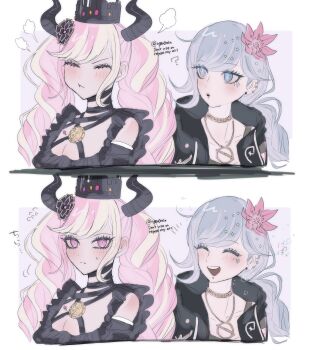 2girls ? absurdres blue_hair blush breasts cleavage closed_eyes crown ear_piercing earrings facial_mark flower flying_sweatdrops fubuki_clockford hair_flower hair_ornament highres horns jewelry master_detective_archives:_rain_code multicolored_hair multiple_girls necklace piercing pink_eyes pink_hair pout shinigami_(rain_code) small_sweatdrop streaked_hair twitter_username ugen_(toparain)