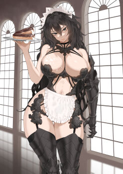 1girl apron black_eyes black_hair black_thighhighs borrowed_character bread breasts commentary cowboy_shot cream english_commentary executioner_maid_(centurii-chan) food frilled_apron frills hair_between_eyes highres holding holding_tray indoors large_breasts long_hair looking_at_viewer maid maid_apron maid_headdress navel original reflection solo standing thighhighs throtem tray waist_apron white_apron window