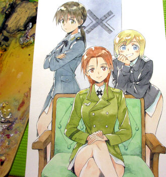 3girls agahari black_bow black_jacket blonde_hair blue_eyes bow brown_eyes brown_hair buttons chair closed_mouth collared_shirt commentary_request crossed_legs double-breasted elbow_rest erica_hartmann gertrud_barkhorn green_jacket grin hair_between_eyes hair_bow hands_on_own_knees head_rest jacket leaning_forward long_hair looking_at_viewer looking_to_the_side low_ponytail medium_hair military_uniform minna-dietlinde_wilcke multiple_girls no_pants on_chair own_hands_together painting_(medium) photo_(medium) plain_epaulettes ponytail red_eyes red_hair shirt short_hair sitting smile standing strike_witches thighs traditional_media white_shirt world_witches_series